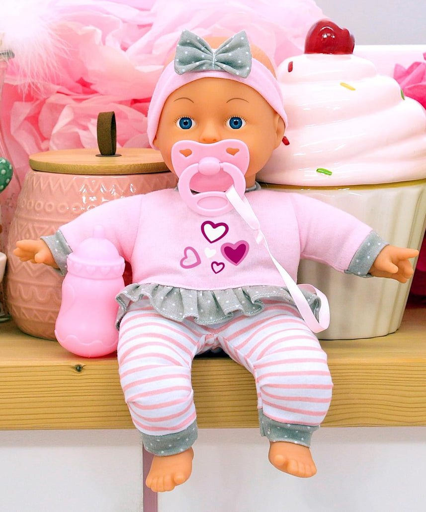 Bayer Soft Cuddle Baby Doll 30cm Set with Pacifier and Bottle, Soft Body Infant Doll for Nurturing Role Play, Purple Outfit, 10M+ Months