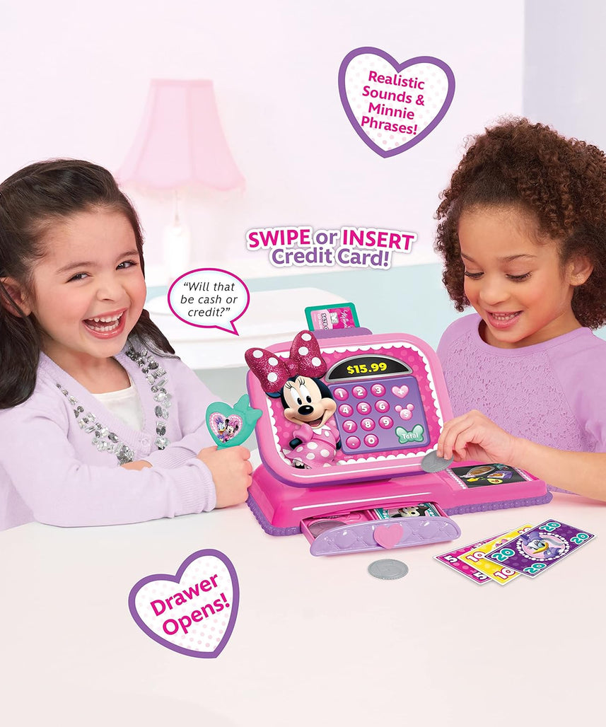 Disney Minnie Mouse Bowtique Cash Register with Lights and Sounds, Preschool Pretend Play Toy with Pull Drawer, Coins, Cash and Card, Officially Licensed Kids Toy for Ages 3 & Up by Just Play