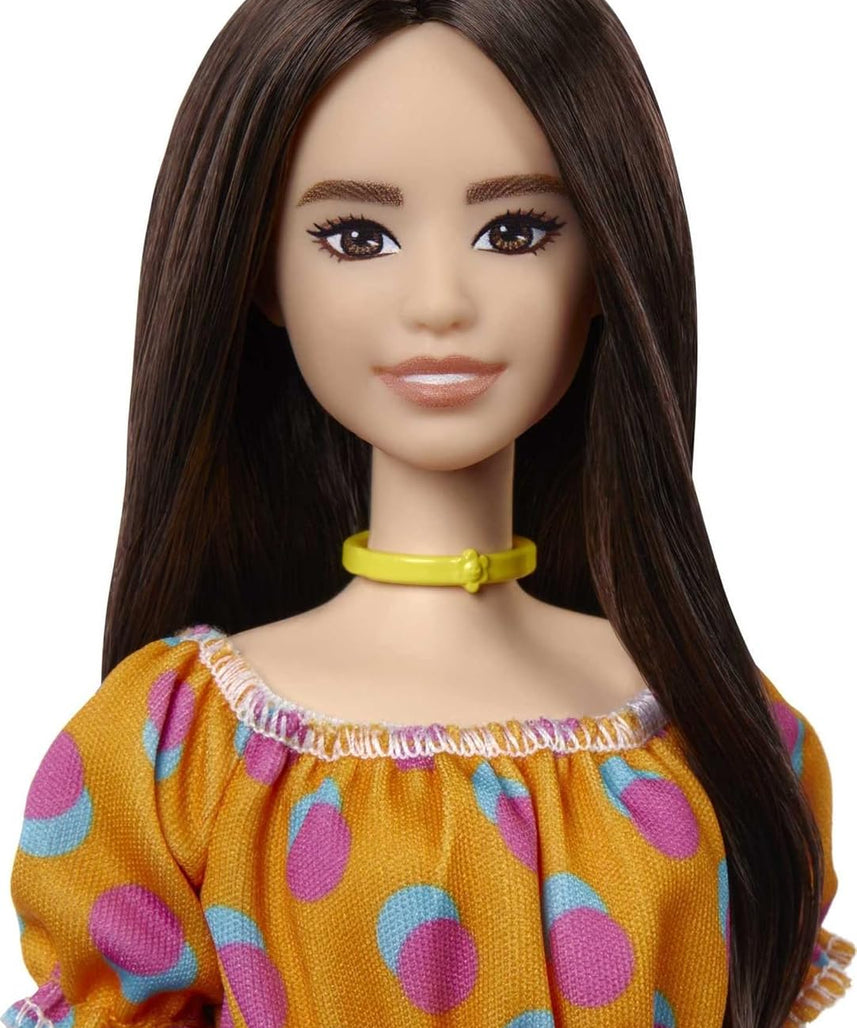 Barbie Fashionistas Doll 160 Long Brunette Hair Orange Patterned Dress White Shoes Yellow Choker GRB52 Multicolour Toy for Kids 3 to 8 Years