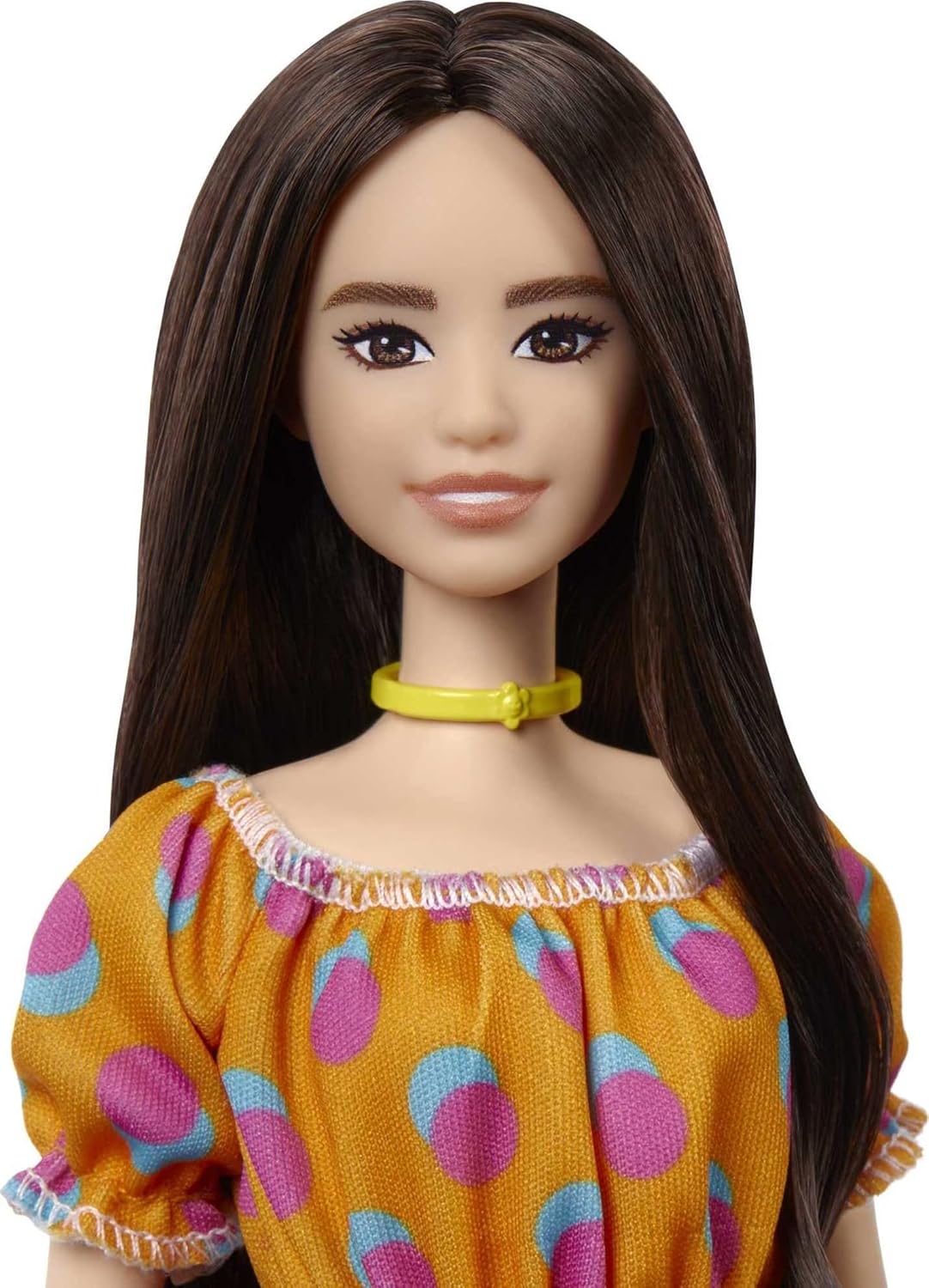 Barbie Fashionistas Doll 160 Long Brunette Hair Orange Patterned Dress White Shoes Yellow Choker GRB52 Multicolour Toy for Kids 3 to 8 Years