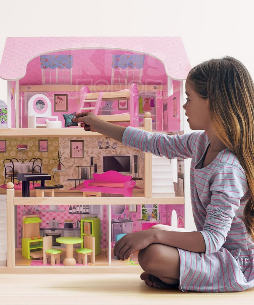 بيت دمى خشبي من EduFun مع شرفة للأطفال الصغار، فيلا دمى كبيرة من 3 طوابق مع 4 غرف، سلالم، ملحقات أثاث من 15 قطعة، لعبة تظاهر تعليمية للأطفال من سن 3 سنوات فما فوق