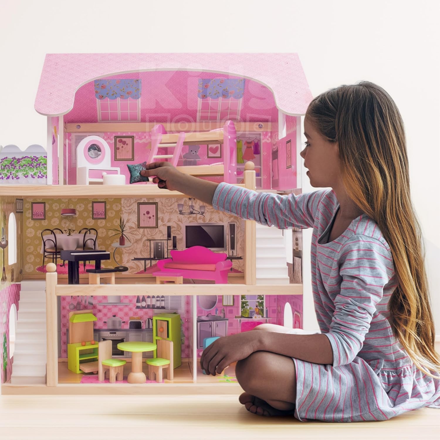 بيت دمى خشبي من EduFun مع شرفة للأطفال الصغار، فيلا دمى كبيرة من 3 طوابق مع 4 غرف، سلالم، ملحقات أثاث من 15 قطعة، لعبة تظاهر تعليمية للأطفال من سن 3 سنوات فما فوق