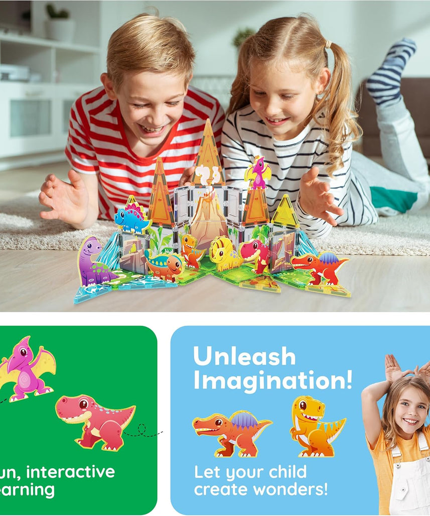 PicassoTiles 38pc Magnet Tiles Building Blocks Dinosaur Theme Set with 8 Magnetized Action Figures Magnetic Construction Build and Play Toys with Magnets STEM Learning Activities for Toddlers 3+ PTQ13