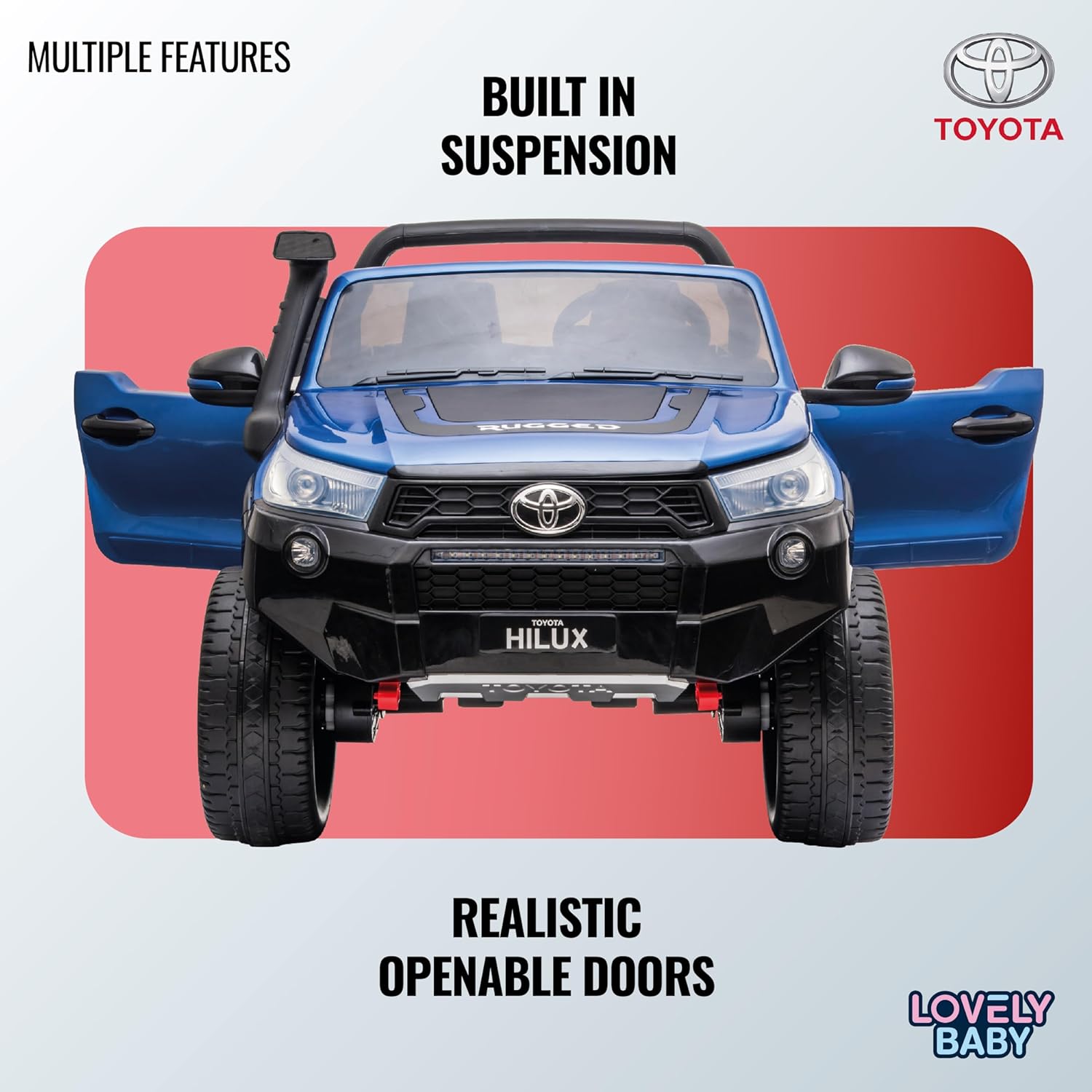 Lovely Baby LB 850DX Toyota Hilux Ride-On Car for Kids, 1-7 Years, Electric 4x4 Off-Road Vehicle, Remote Control, LED Lights, MP4 Music, Openable Doors – Red or Blue