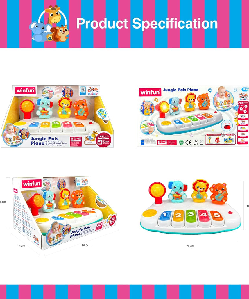 Winfun Jungle Pals Piano Interactive Toy for Kids, Musical Keyboard Baby Toy with Animal Sounds and Light Up Features, Early Learning Music Toy for 12+ Months