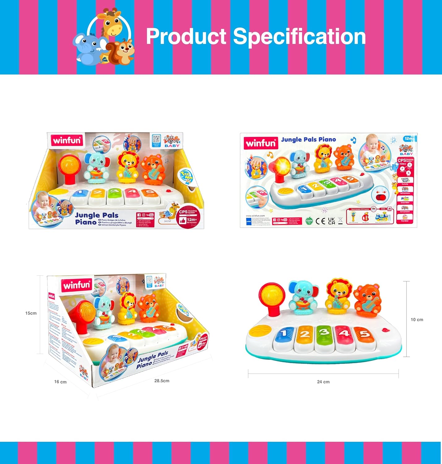 Winfun Jungle Pals Piano Interactive Toy for Kids, Musical Keyboard Baby Toy with Animal Sounds and Light Up Features, Early Learning Music Toy for 12+ Months