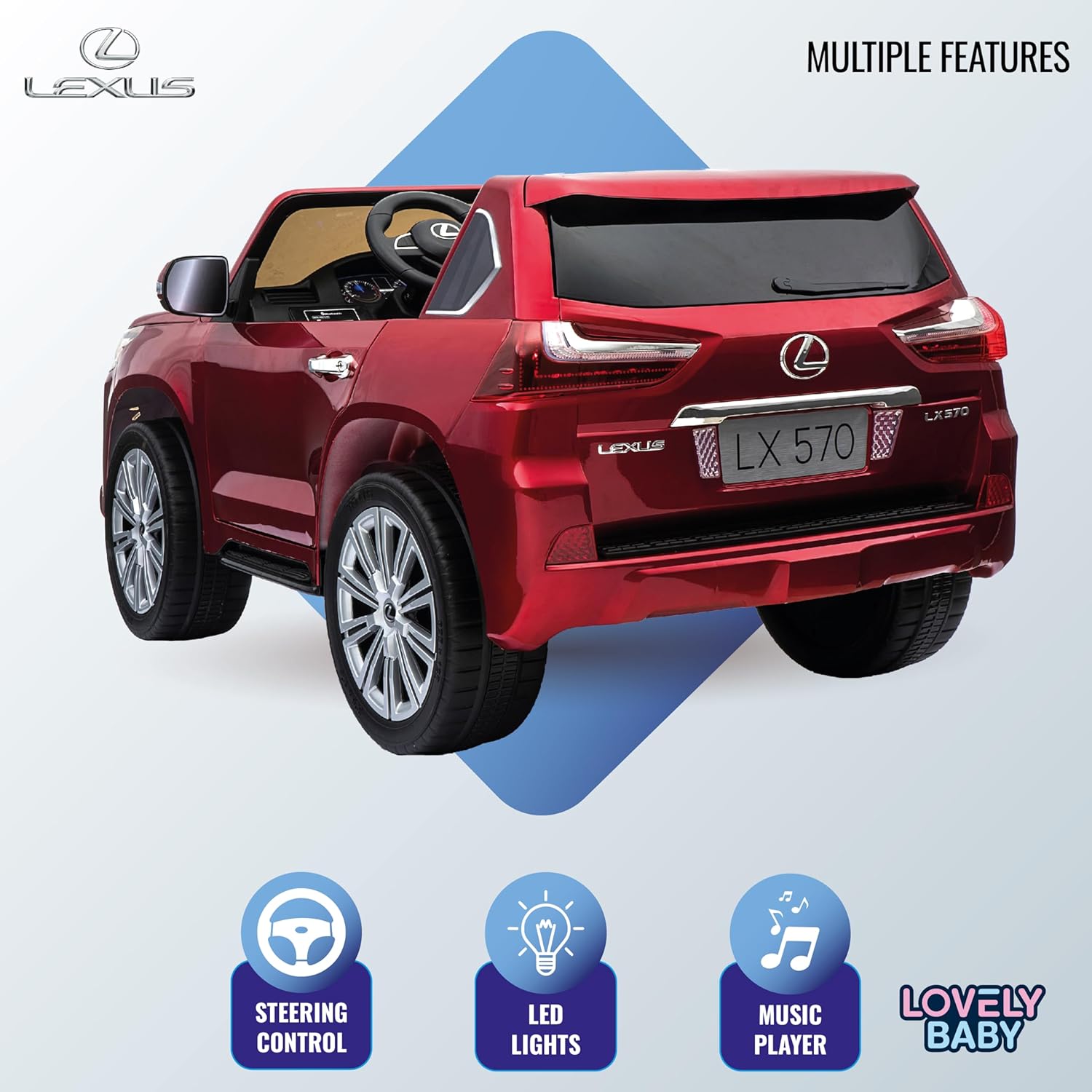 Lovely Baby Lexus LX570 SUV Ride-On Car for Kids, 3+ Years, Remote Control, LED Lights, Music, Openable Doors – Red, Gold, or Blue