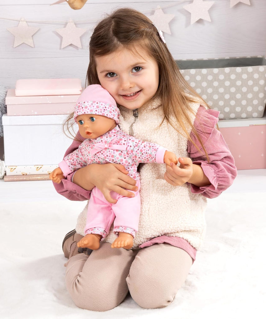 Bayer Baby Doll Play Set 36cm, Soft Body Cuddly Baby Doll with Extra Outfit & Hat, Feeding Accessories (Plate, Spoon, Fork), Pretend Play Toy for Kids, Lightweight Doll for Toddlers