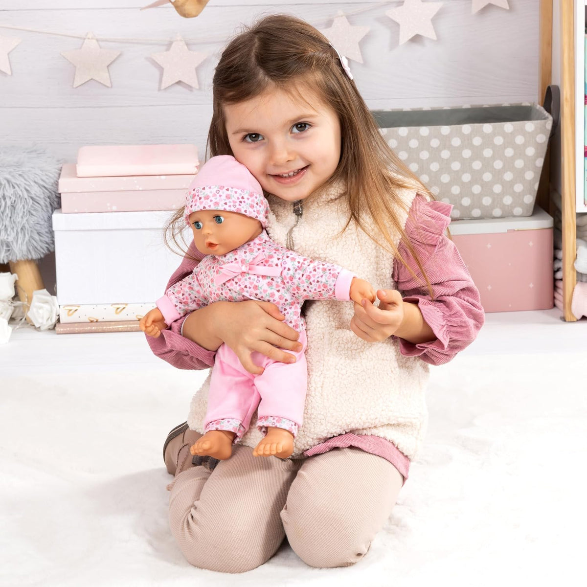 Bayer Baby Doll Play Set 36cm, Soft Body Cuddly Baby Doll with Extra Outfit & Hat, Feeding Accessories (Plate, Spoon, Fork), Pretend Play Toy for Kids, Lightweight Doll for Toddlers