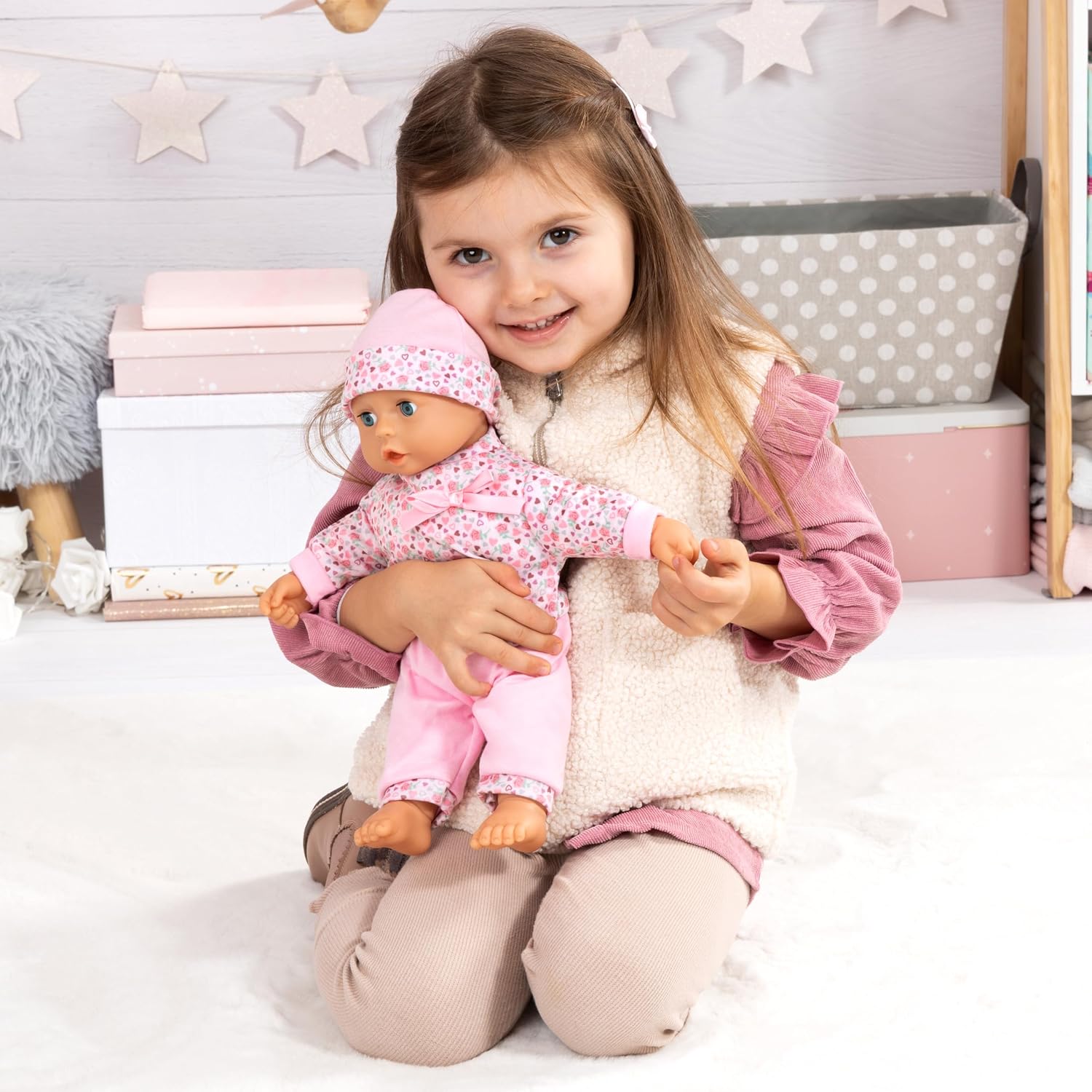 Bayer Baby Doll Play Set 36cm, Soft Body Cuddly Baby Doll with Extra Outfit & Hat, Feeding Accessories (Plate, Spoon, Fork), Pretend Play Toy for Kids, Lightweight Doll for Toddlers