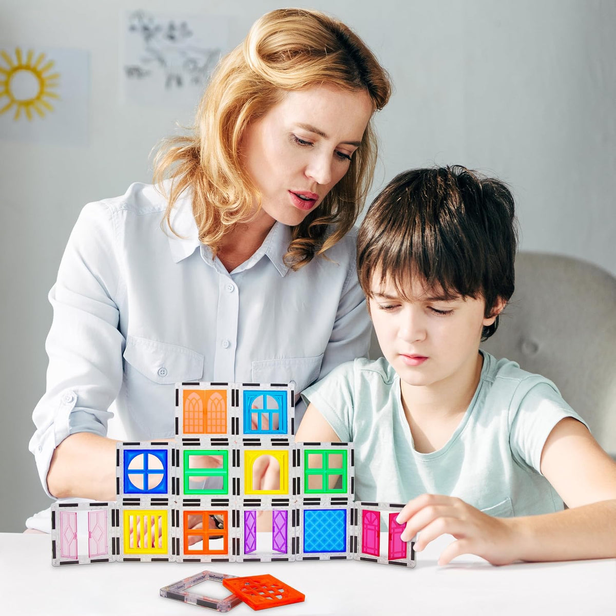 PicassoTiles 30 Piece Window and Door Clip On Magnetic Blocks Magnet Tiles Magnets Building Tile Construction Toy Set STEM Education Toys Learning Kit Stacking Block Playset Boys & Girls Age 3+ PT30
