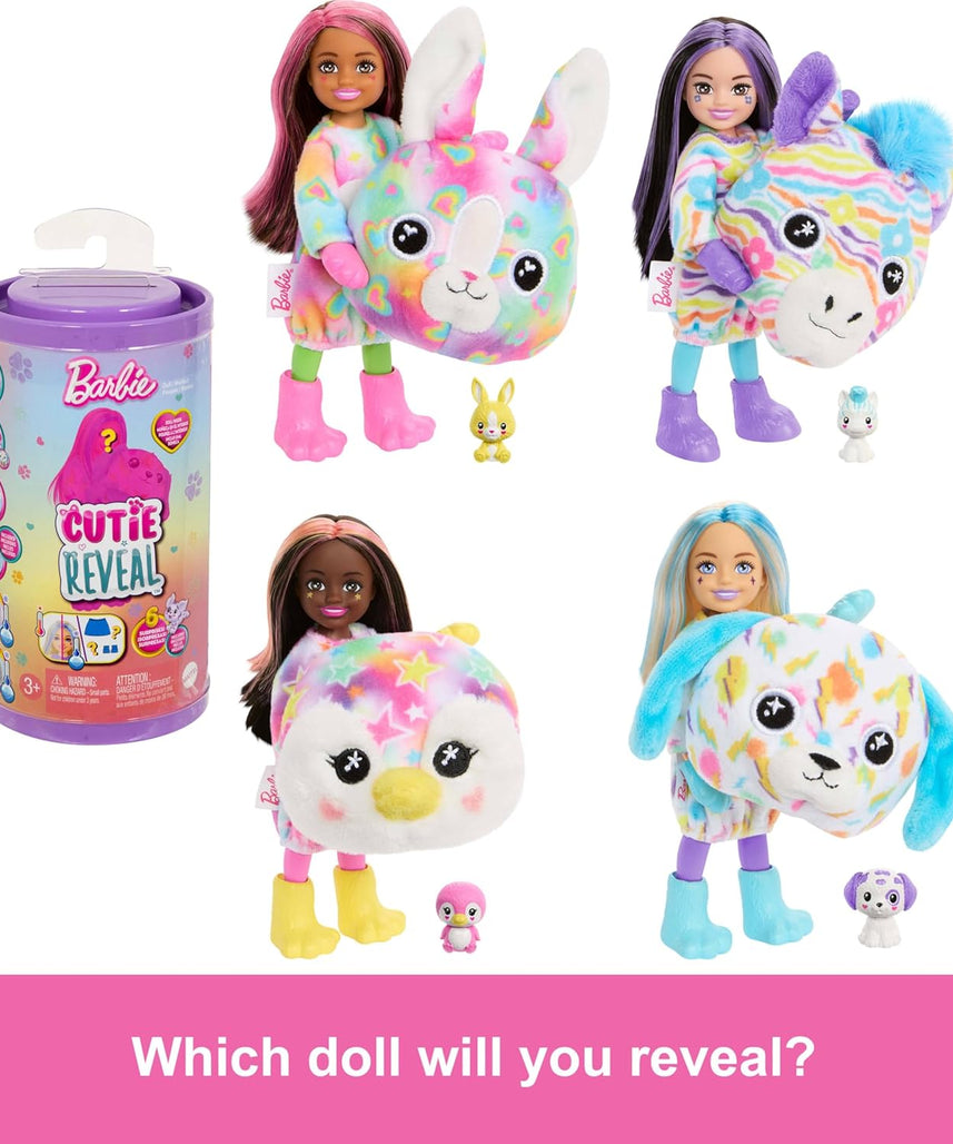 Barbie Cutie Reveal Chelsea Doll & Accessories, Color Dream Series Small Doll in Animal Plush Costume with 6 Surprises Including Color Change (Styles May Vary)