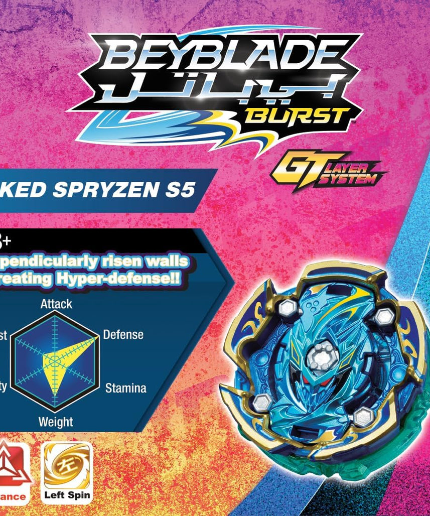 BEYBATTLE BURST S4 Starter Naked Spryzen S5, BB-156-T, Left-Spin Defense & Balance Beyblade with Launcher and Ripcord