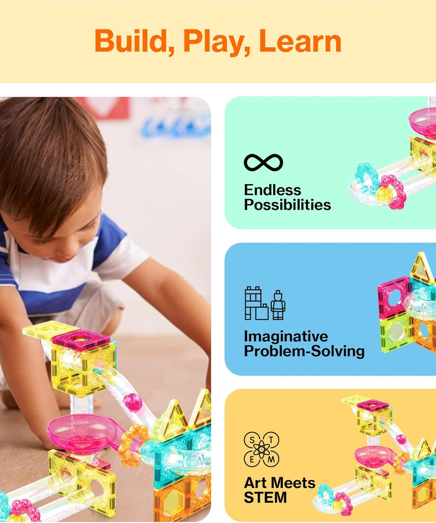PicassoTiles Magnet Tiles Building Block Travel Size Magnetic Marble Run Construction Toy Set Mini Diamond Marble RaceTrack 45 pc Building Blocks Playset Education STEM Learning Kit Boy Girl 3+ PTMG45