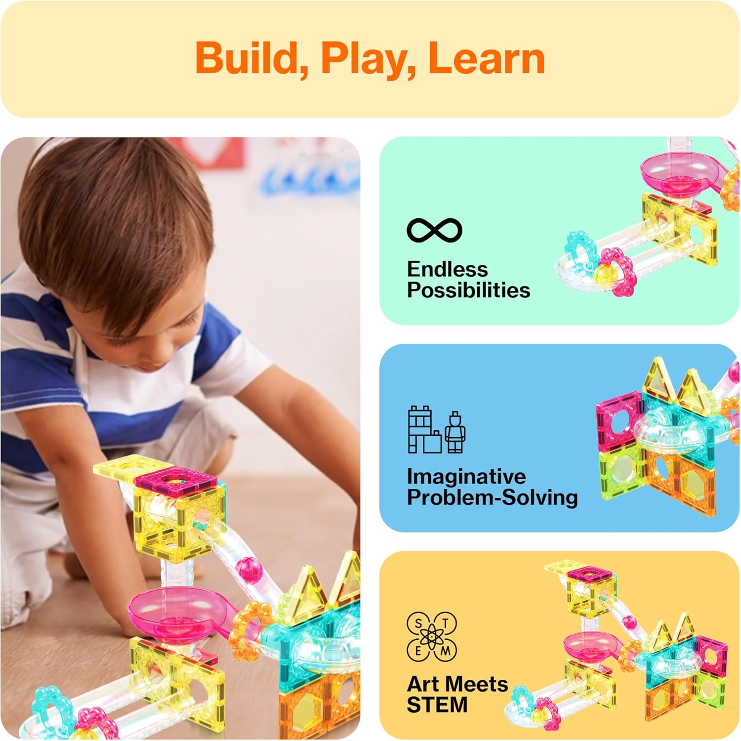 PicassoTiles Magnet Tiles Building Block Travel Size Magnetic Marble Run Construction Toy Set Mini Diamond Marble RaceTrack 45 pc Building Blocks Playset Education STEM Learning Kit Boy Girl 3+ PTMG45