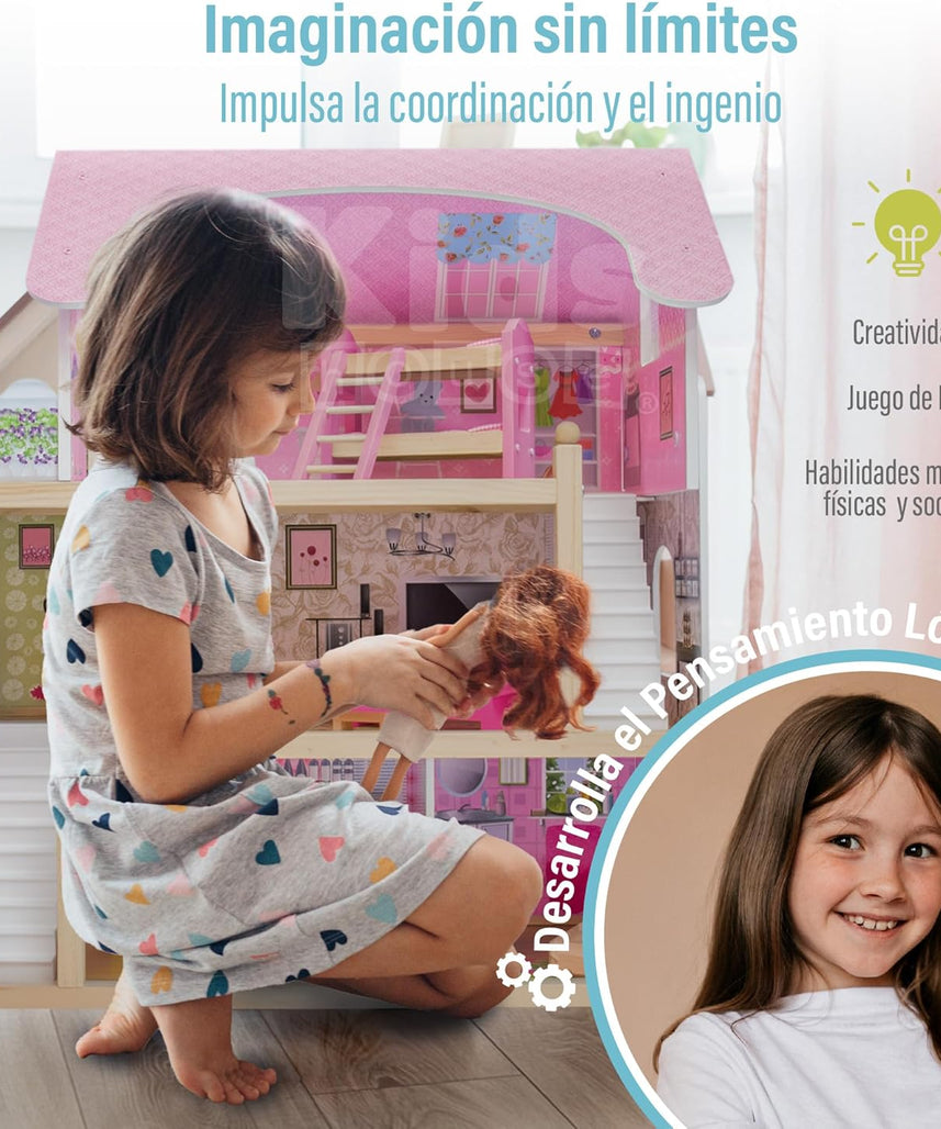 بيت دمى خشبي من EduFun مع شرفة للأطفال الصغار، فيلا دمى كبيرة من 3 طوابق مع 4 غرف، سلالم، ملحقات أثاث من 15 قطعة، لعبة تظاهر تعليمية للأطفال من سن 3 سنوات فما فوق