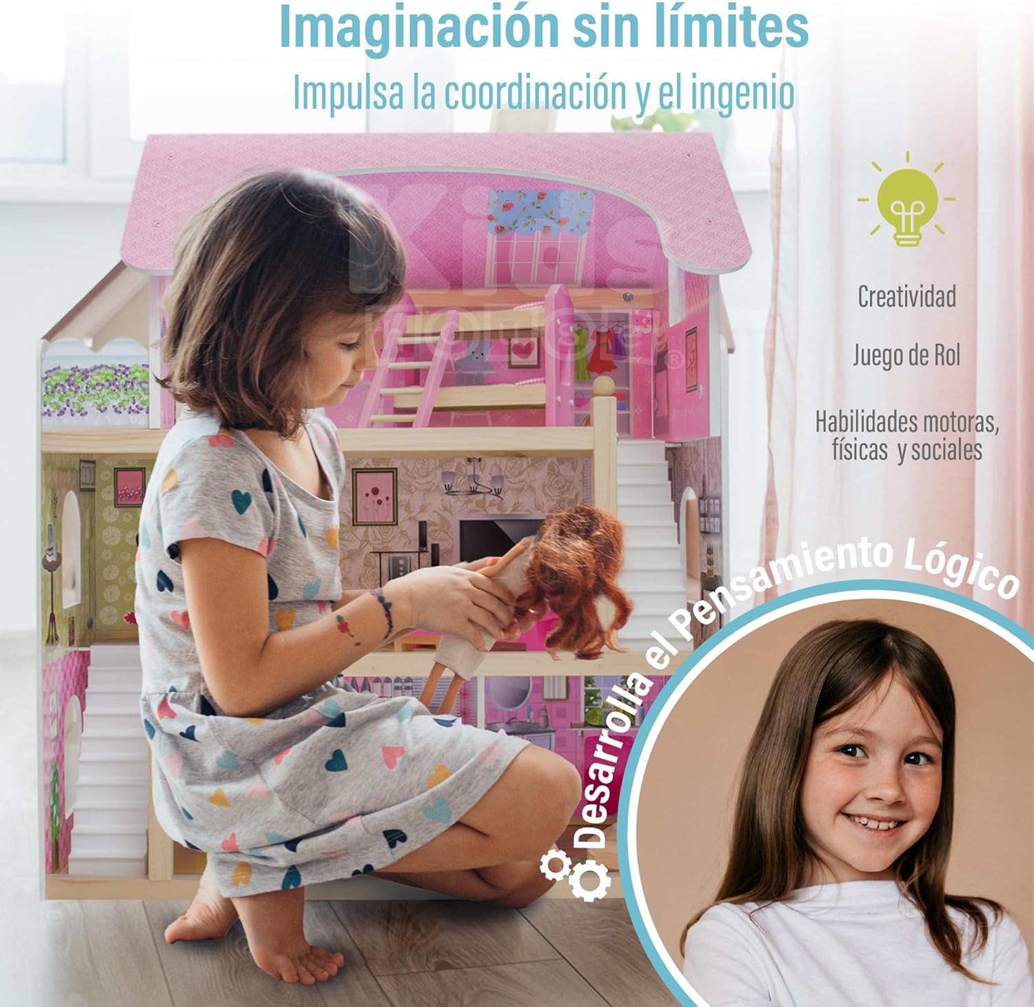 بيت دمى خشبي من EduFun مع شرفة للأطفال الصغار، فيلا دمى كبيرة من 3 طوابق مع 4 غرف، سلالم، ملحقات أثاث من 15 قطعة، لعبة تظاهر تعليمية للأطفال من سن 3 سنوات فما فوق