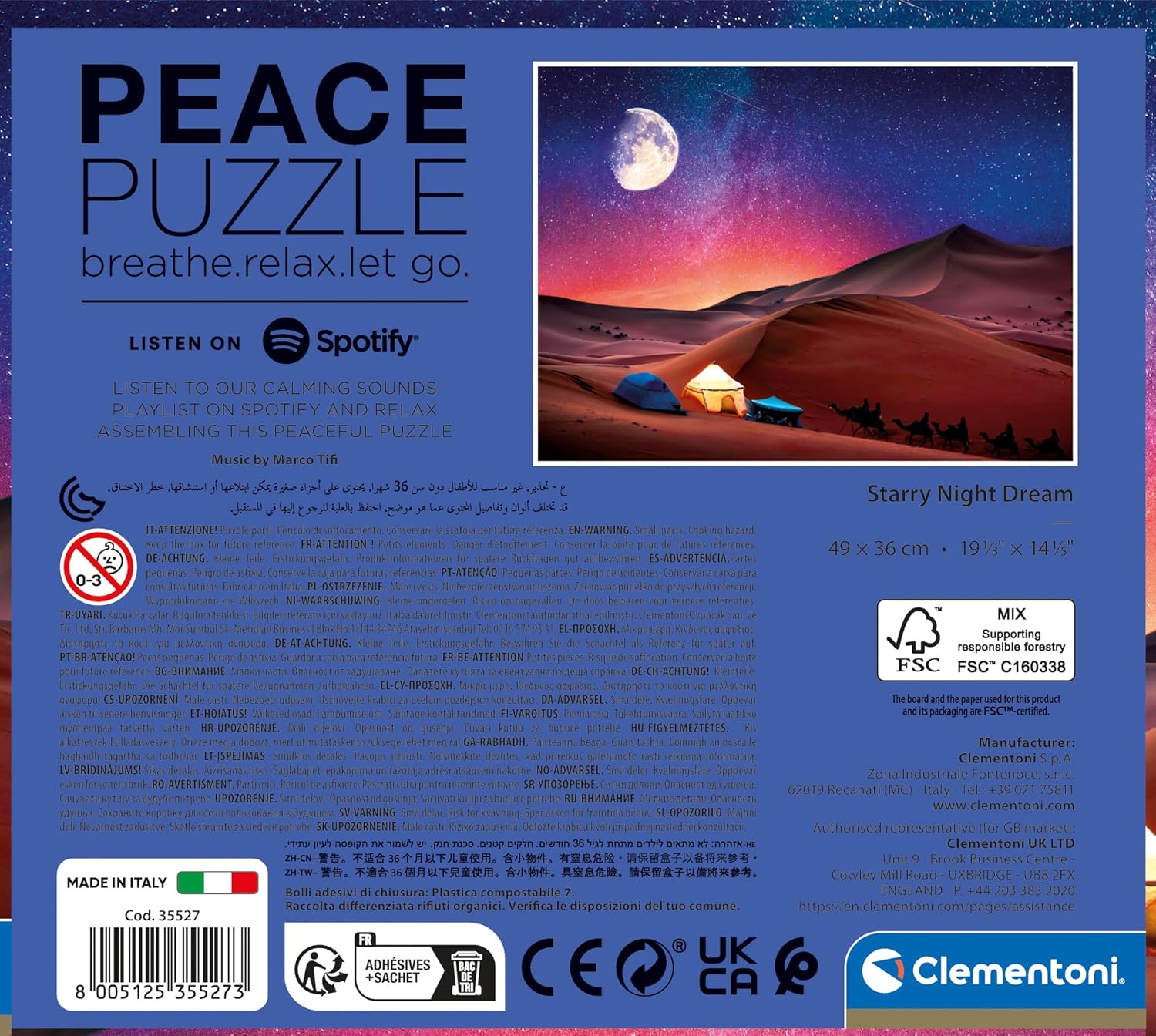 Clementoni 35527 Peace Starry Night Dream - 500 Pieces - Horizontal Puzzle Fun for Adults Made in Italy Multi-Coloured