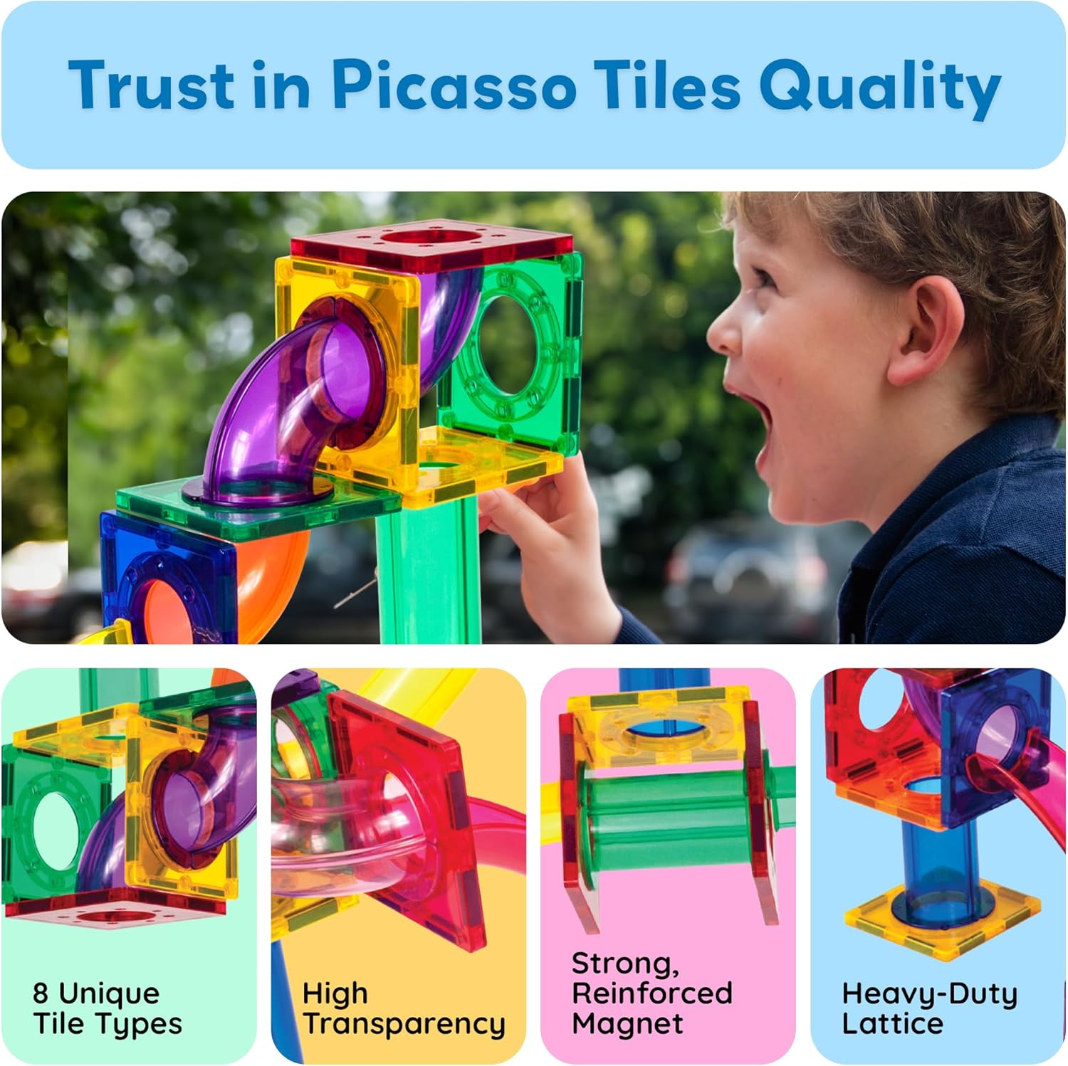 PicassoTiles Marble Run 50-Piece Magnetic Tile Race Track Toy Play Set, STEM Building & Learning, Educational Magnet Construction, Child Brain Development Kit, Boys Girls Age 3 4 5 6 7 8+ Years Old