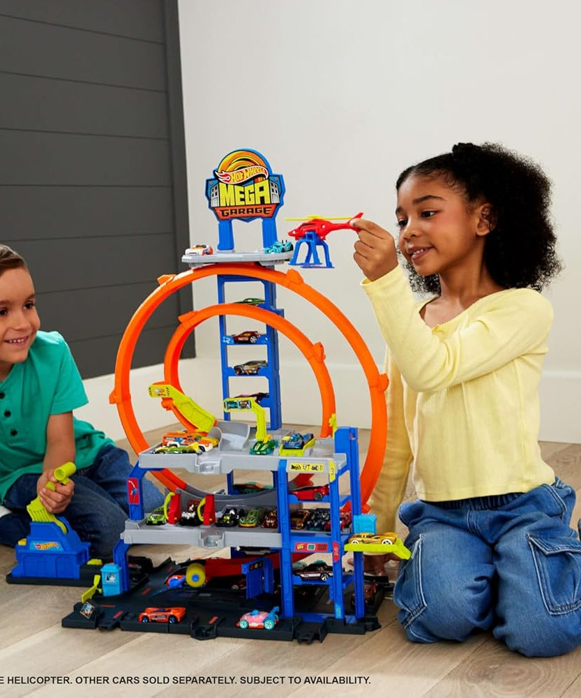 Hot Wheels Mega Loop Garage Track Set with Die-Cast Car & Helicopter, Double Loop Racing, Multi-Level Parking for 36 Cars, Speed Snap Track Adapters, Toy Garage Playset for Kids 4 Years+
