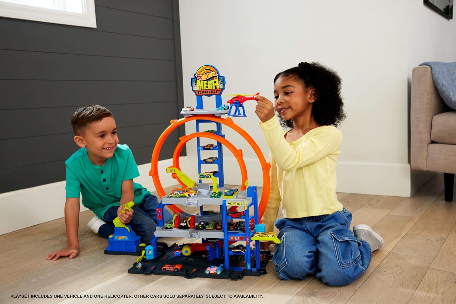 Hot Wheels Mega Loop Garage Track Set with Die-Cast Car & Helicopter, Double Loop Racing, Multi-Level Parking for 36 Cars, Speed Snap Track Adapters, Toy Garage Playset for Kids 4 Years+