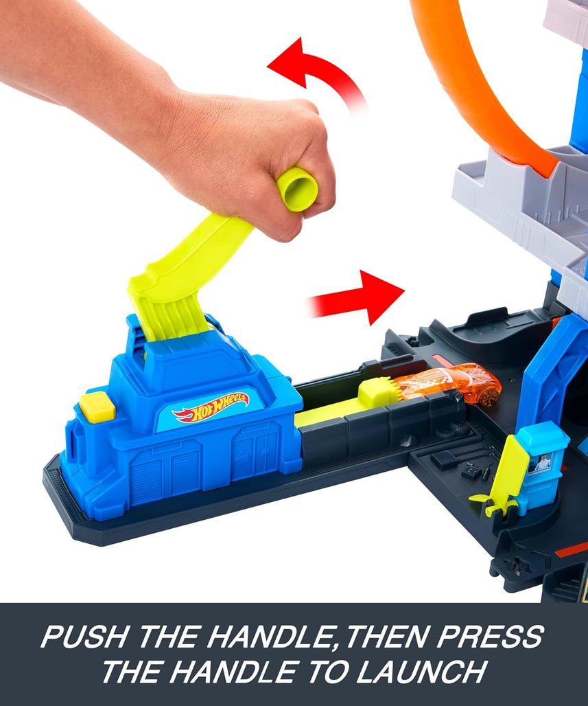 Hot Wheels Mega Loop Garage Track Set with Die-Cast Car & Helicopter, Double Loop Racing, Multi-Level Parking for 36 Cars, Speed Snap Track Adapters, Toy Garage Playset for Kids 4 Years+