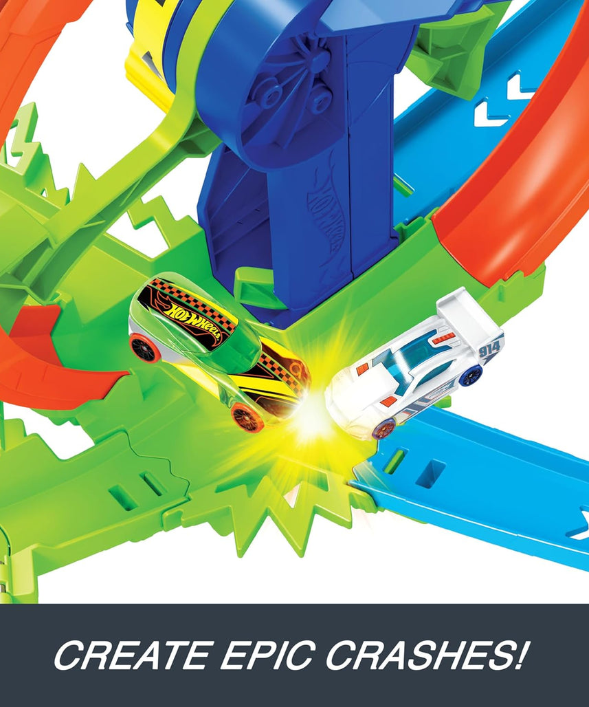 Hot Wheels Toy Car Track Set, Launch and Loop Playset & 1:64 Scale Die-Cast Vehicle, Crash Area on Figure 8 Track with Loop-Kicker Booster