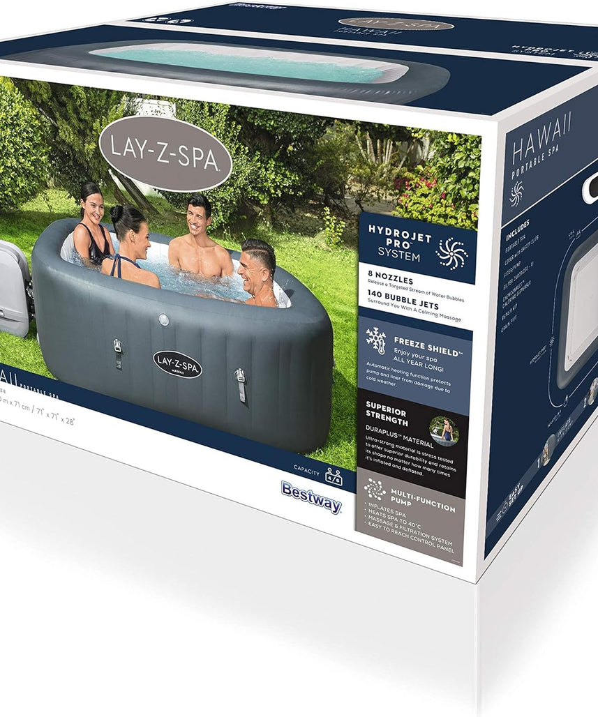 Bestway Lay-Z-Spa Hawaii HydroJet Pro Inflatable Spa 71" x 71" x 28" (1.80m x 1.80m x 71cm), 6-Person Square Hot Tub with HydroJet™ & AirJet™, Freeze Shield™ – Ages 18+