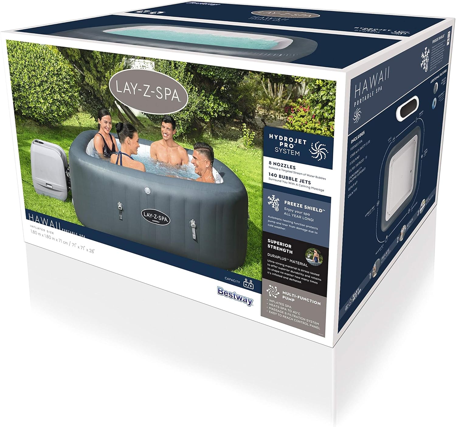 Bestway Lay-Z-Spa Hawaii HydroJet Pro Inflatable Spa 71" x 71" x 28" (1.80m x 1.80m x 71cm), 6-Person Square Hot Tub with HydroJet™ & AirJet™, Freeze Shield™ – Ages 18+