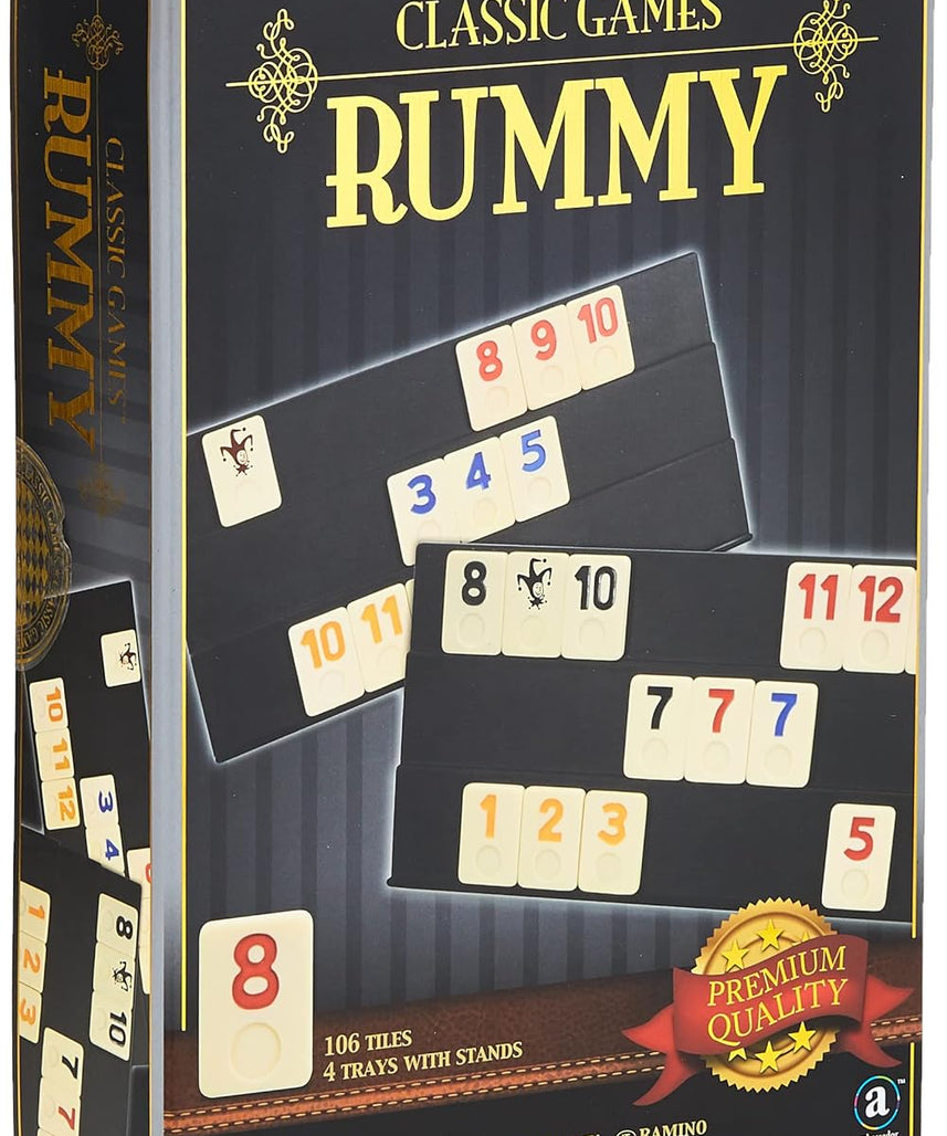 Ambassador Merchant Rummy Board & Card Games, 106 Melamine Pieces, Plastic Holder, Gold Foil Gift Box, Multi Color, +6-20 Years