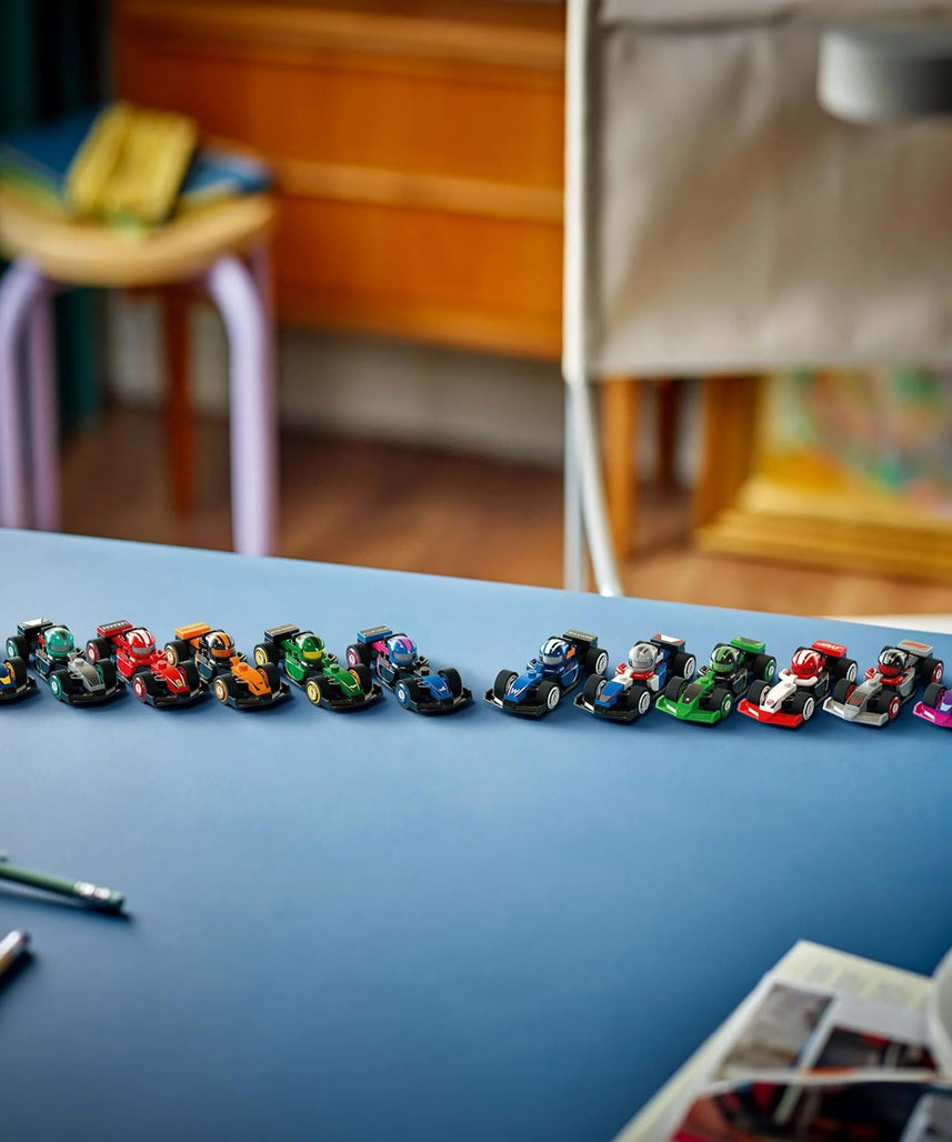 LEGO Minifigures F1 Collectible Race Cars Toys - Get 1 of 12 Mini Car Models with Drivers Helmets & Moving Wheels - Formula 1 Teams incl. Ferrari, Mercedes, McLaren, Red Bull - Mystery Box - 71049