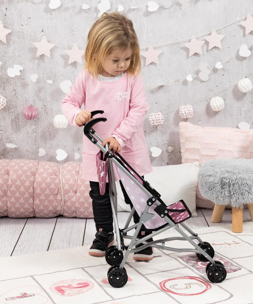 BAYER DOLLS BUGGY SET WITH BAG 46CM | Foldable, metal, dusky pink with stars
