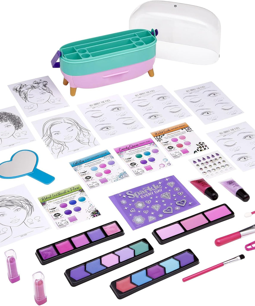 Shimmer N Sparkle All-In-One Beauty Caddy Complete Kit for Kids, Makeup & Styling Set with Colors, Tools, Gems & Practice Pages, Portable Beauty Case for Creative Play – Ages 8+