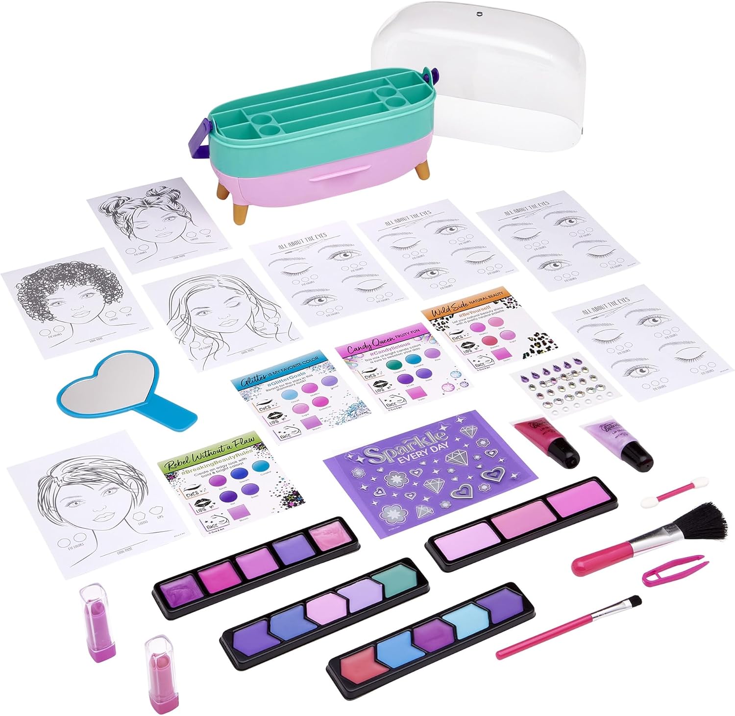 Shimmer N Sparkle All-In-One Beauty Caddy Complete Kit for Kids, Makeup & Styling Set with Colors, Tools, Gems & Practice Pages, Portable Beauty Case for Creative Play – Ages 8+