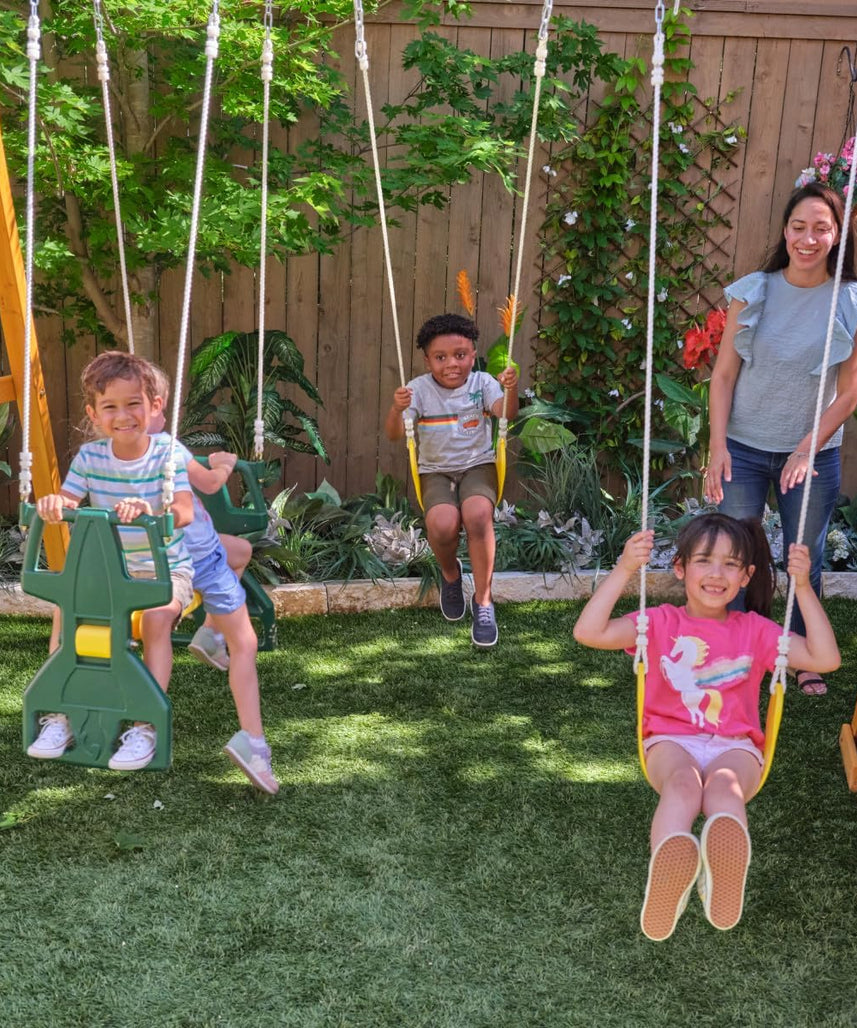 KidKraft Bear Cave Wooden Lodge Swing Set / Playset – Deluxe Outdoor Clubhouse with Slides, Swings, Glider, and Interactive Play Areas for Kids Age 3-10 Years