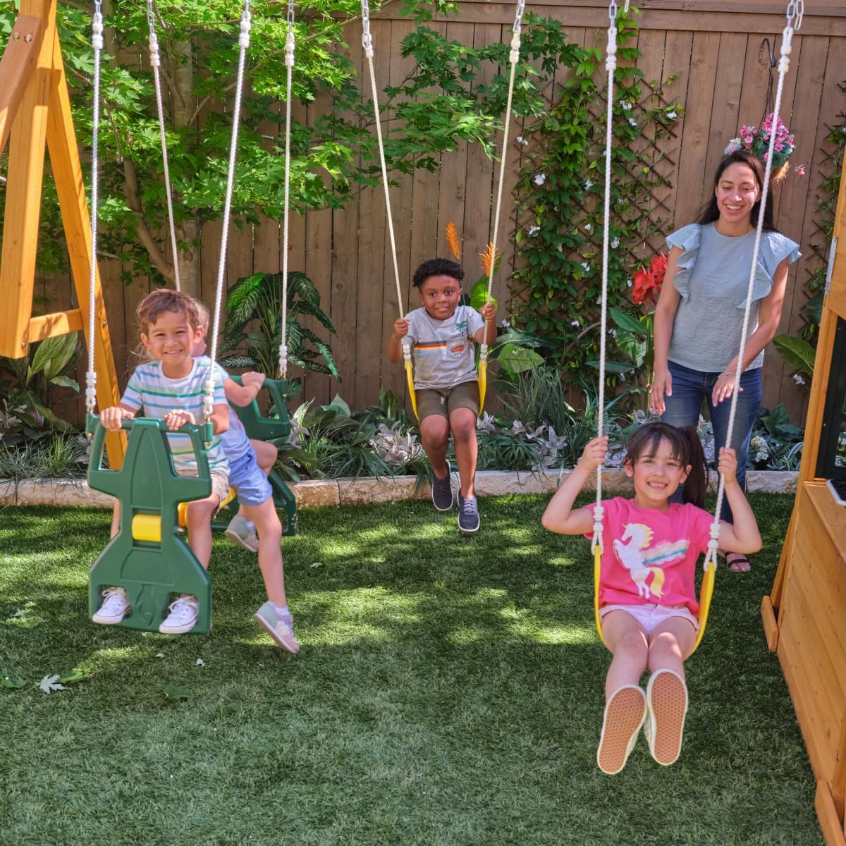 KidKraft Bear Cave Wooden Lodge Swing Set / Playset – Deluxe Outdoor Clubhouse with Slides, Swings, Glider, and Interactive Play Areas for Kids Age 3-10 Years