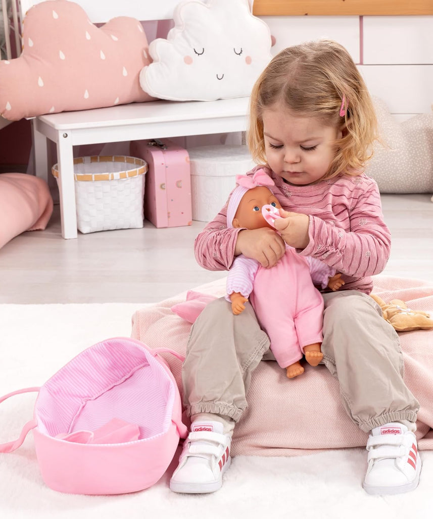 Bayer Baby Doll Basket Set 28cm with Soft Doll, Carrier, Blanket, Pillow, Bottle, Teddy, Role Play Toy for Kids, 3Y+ Years