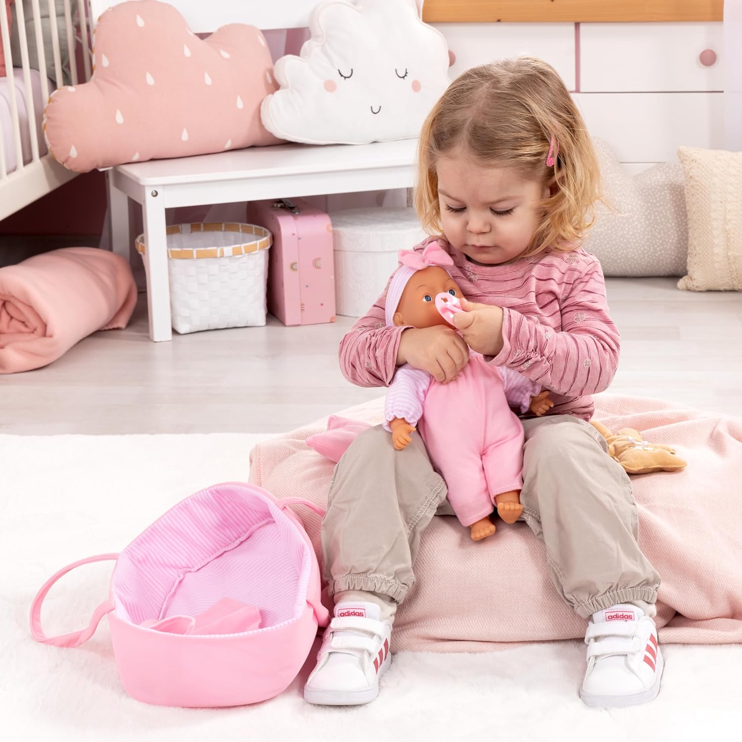 Bayer Baby Doll Basket Set 28cm with Soft Doll, Carrier, Blanket, Pillow, Bottle, Teddy, Role Play Toy for Kids, 3Y+ Years