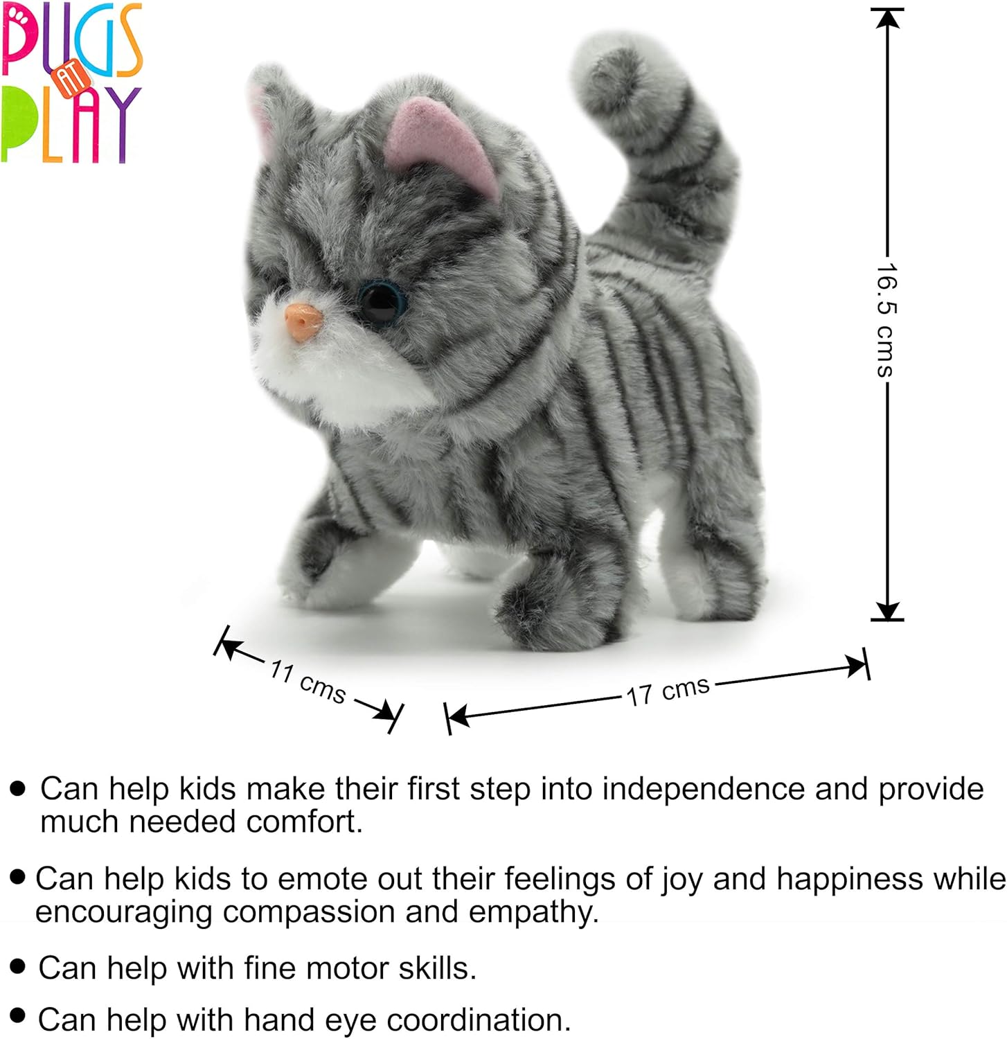 Pugs At Play Walking Zoe 6.5-Inch Interactive Plush Cat Toy with Meow Sound and Wagging Tail for Kids Ages 3 to 5