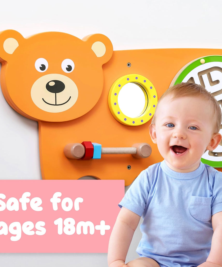 لوحة أنشطة الدب فيجا، لعبة حائط خشبية من مونتيسوري، لوحة تعلم حسية لتنمية المهارات الحركية والدماغية، لعبة تعليمية صديقة للبيئة وموفرة للمساحة، للأولاد والبنات من عمر 18 شهرًا فما فوق