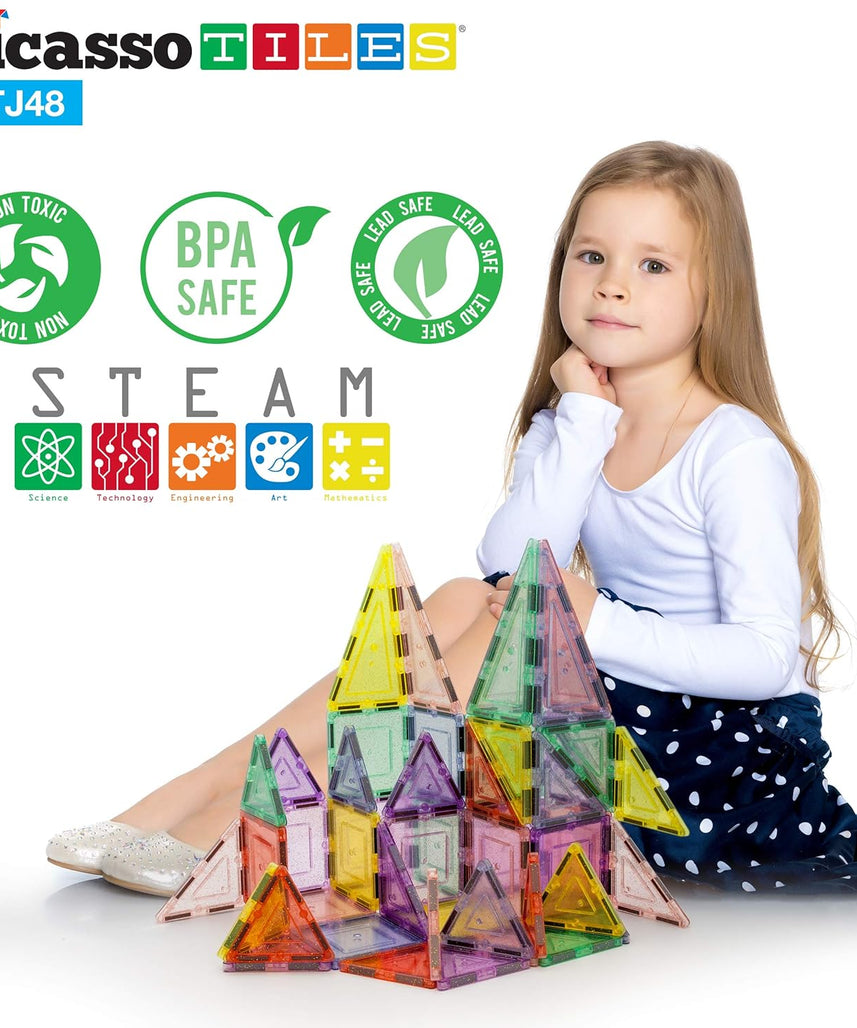 PicassoTiles 48-Piece Magnetic Blocks – Reflective Leaf Flakes, STEM Learning Construction Toy, Ages 3+