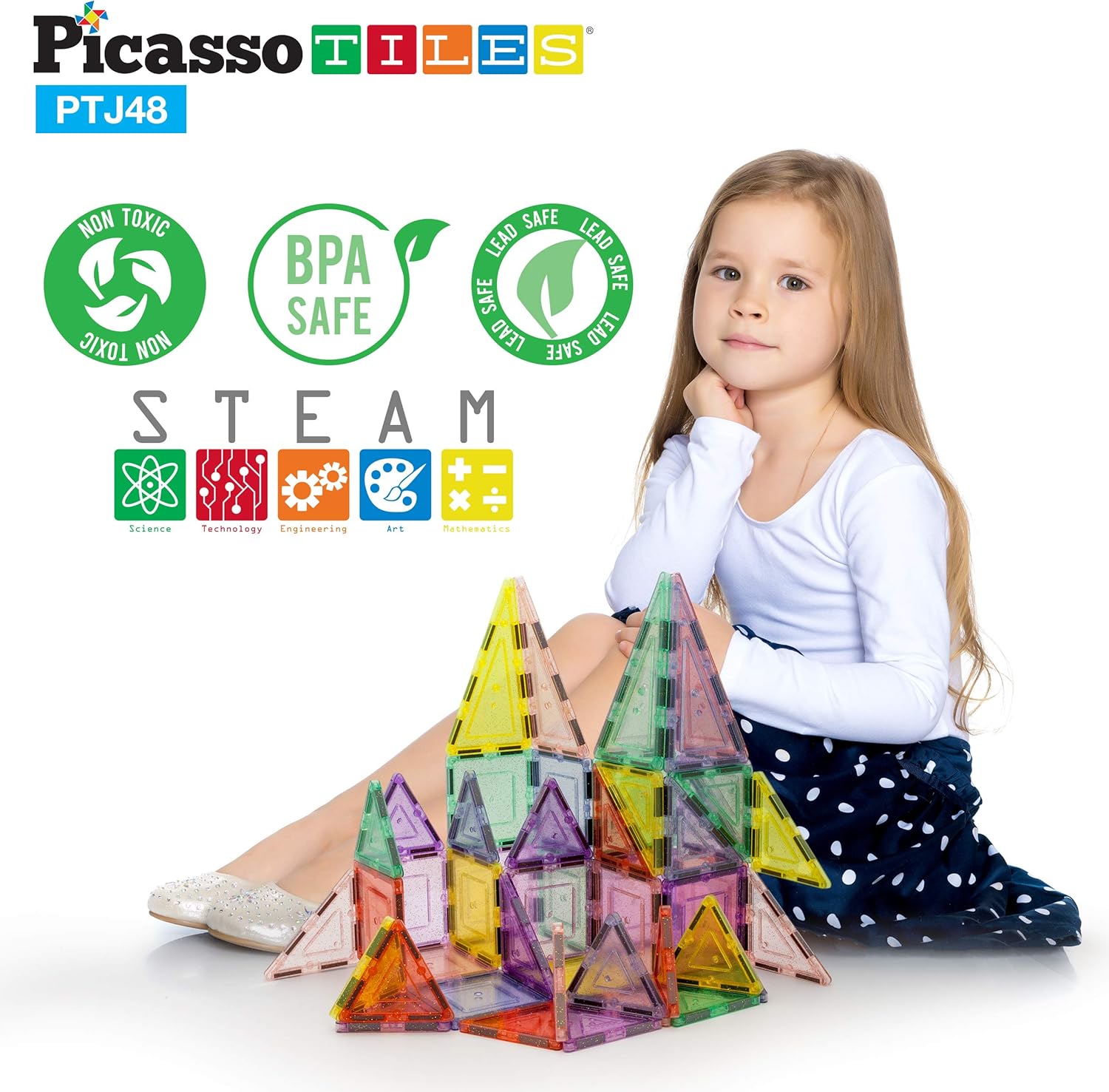 PicassoTiles 48-Piece Magnetic Blocks – Reflective Leaf Flakes, STEM Learning Construction Toy, Ages 3+