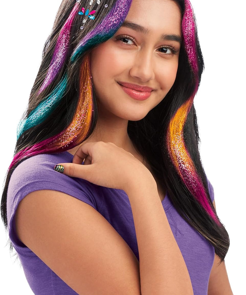 Shimmer N Sparkle Color FX Hair Extension Studio Kit with 4 Clip-In Extensions, Hair Glitter Gel, Hair Combs, and Clip & Color Design Board for Creative Styling- (65594)