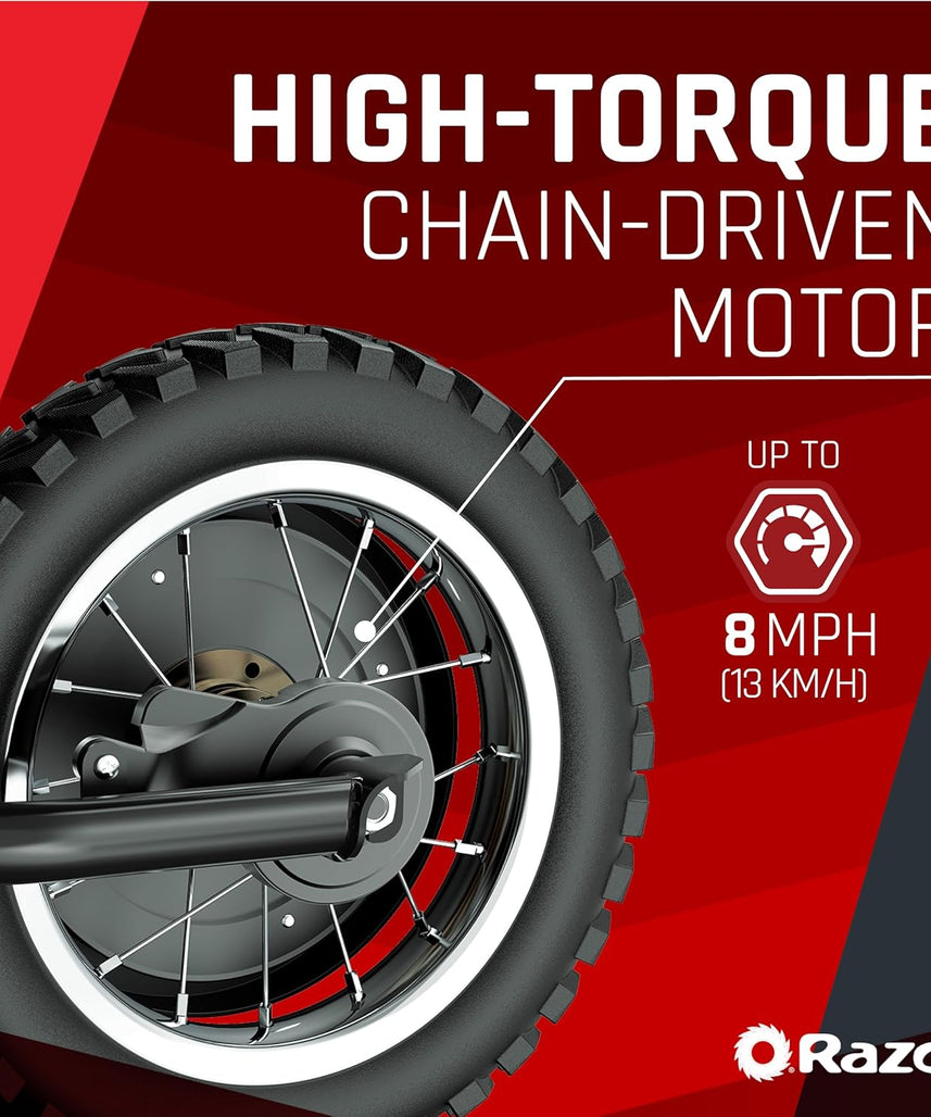 دراجة Razor MX125 Dirt Rocket الكهربائية للأطفال من سن 7 سنوات فما فوق، محرك عزم دوران عالي 100 واط، دفع خلفي، سرعات تصل إلى 8 أميال في الساعة، وقت تشغيل 40 دقيقة، لون أسود
