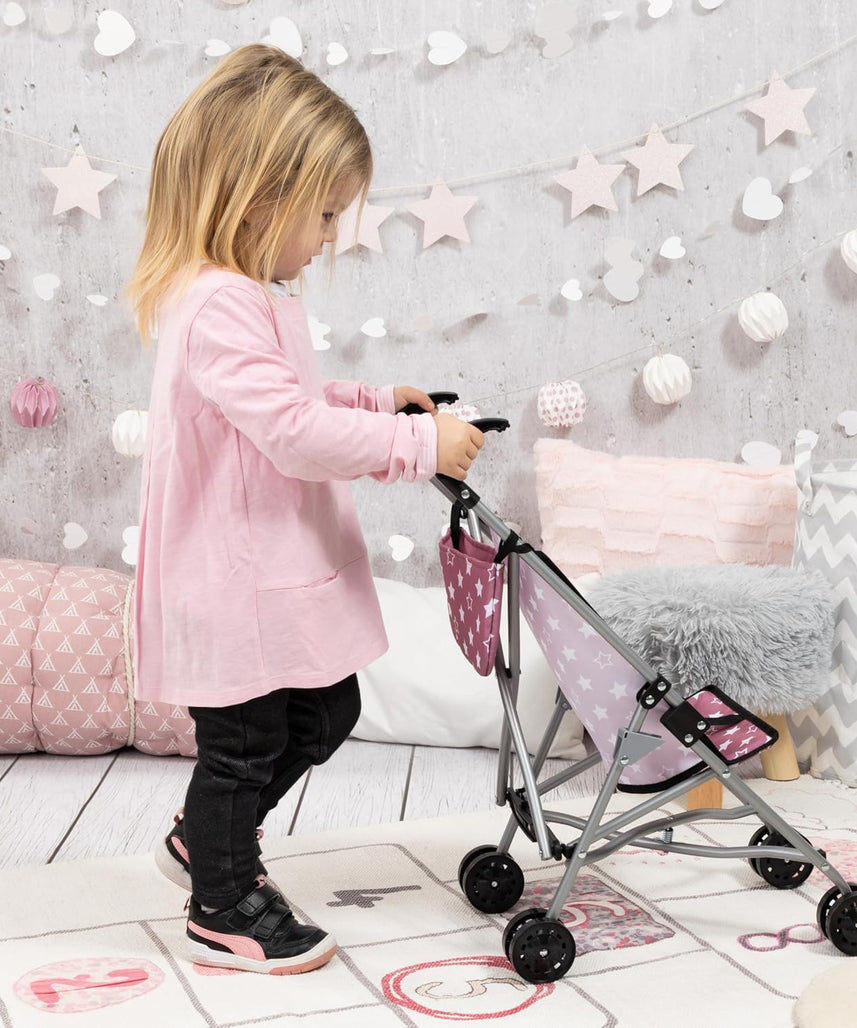 BAYER DOLLS BUGGY SET WITH BAG 46CM | Foldable, metal, dusky pink with stars