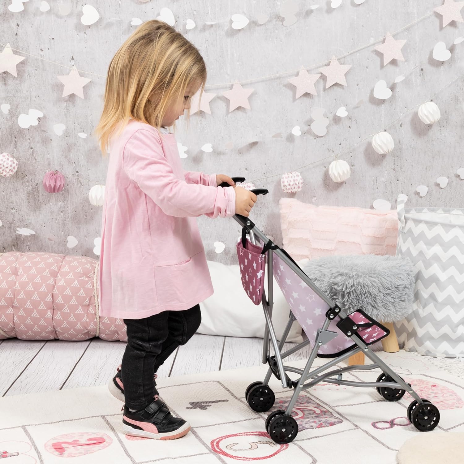 BAYER DOLLS BUGGY SET WITH BAG 46CM | Foldable, metal, dusky pink with stars