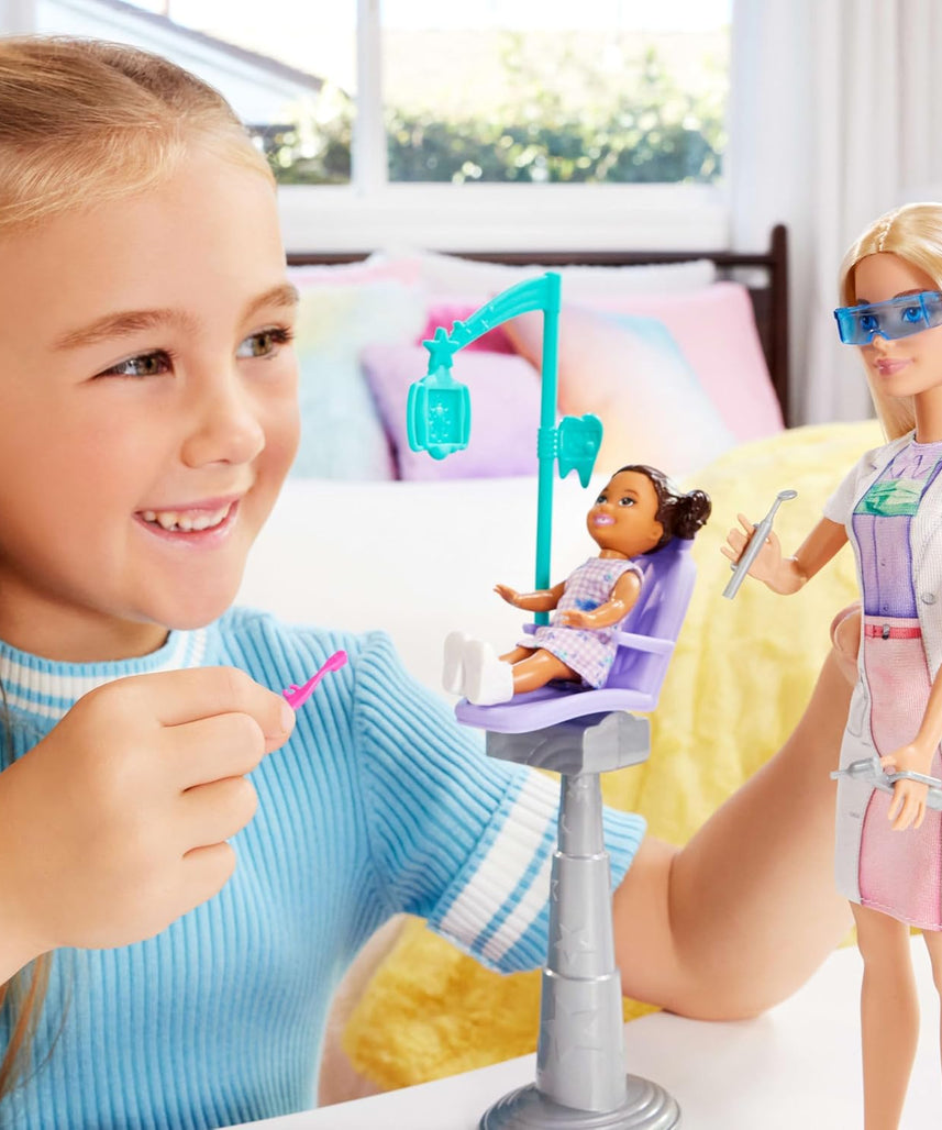 Barbie Kid Dentist Doll with Blonde Fashion Doll, Blue Dress, Lab Coat, and Medical Doctor Accessories, Career Playset for Kids 3+