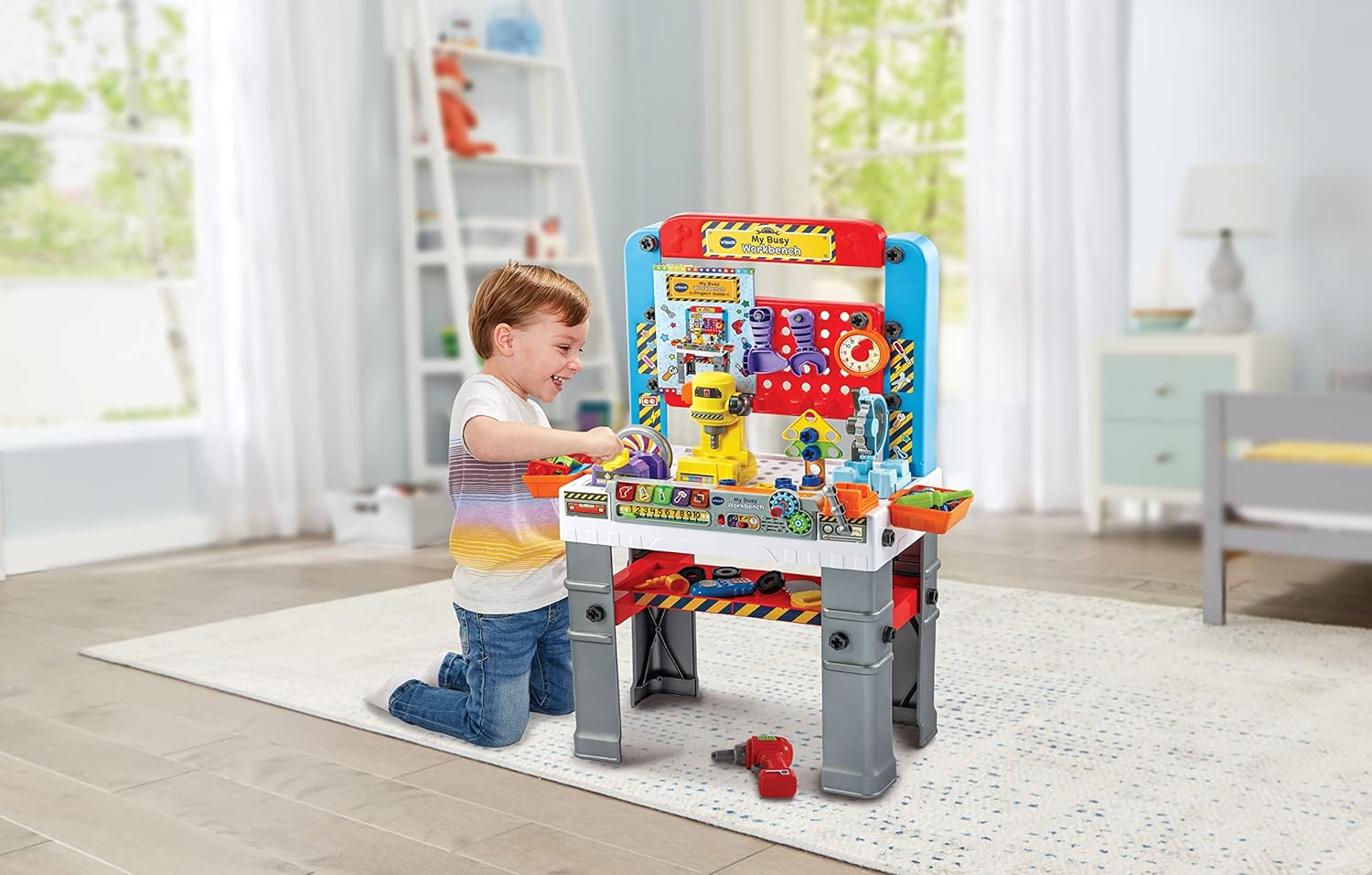VTech My Busy Workbench, Interactive Toddler Toy, Pretend Play Tools, 100+ Pieces, Lights, Music & Sounds, Kids Gifts 3, 4, 5 + Years, English Version