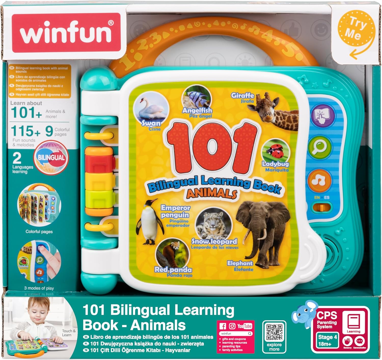Winfun 101 Animals Bilingual Learning Book for Toddlers Age 18 to 36 Months with Interactive Animal Sounds Names and Short Stories in English and Polish