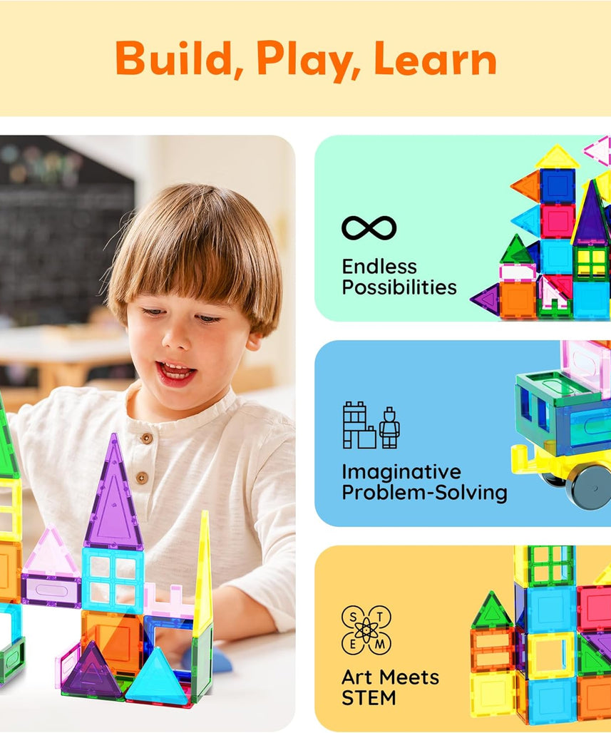 PicassoTiles 101pc Magnetic Tile Building Blocks with Car Base Drawstring Carry Toy Storage Bag Magnetized Block for Kids Magnet ToySet Educational STEM Learning Child Brain Development Ages 3+ PC101